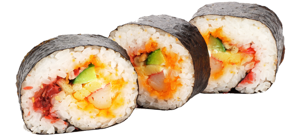 Three colorful futomaki sushi pieces
