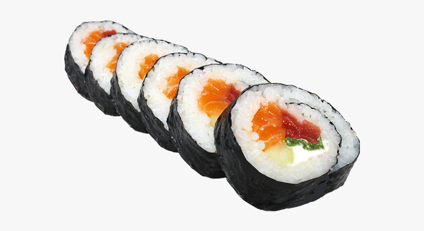 Salmon maki sushi rolls arranged in a row